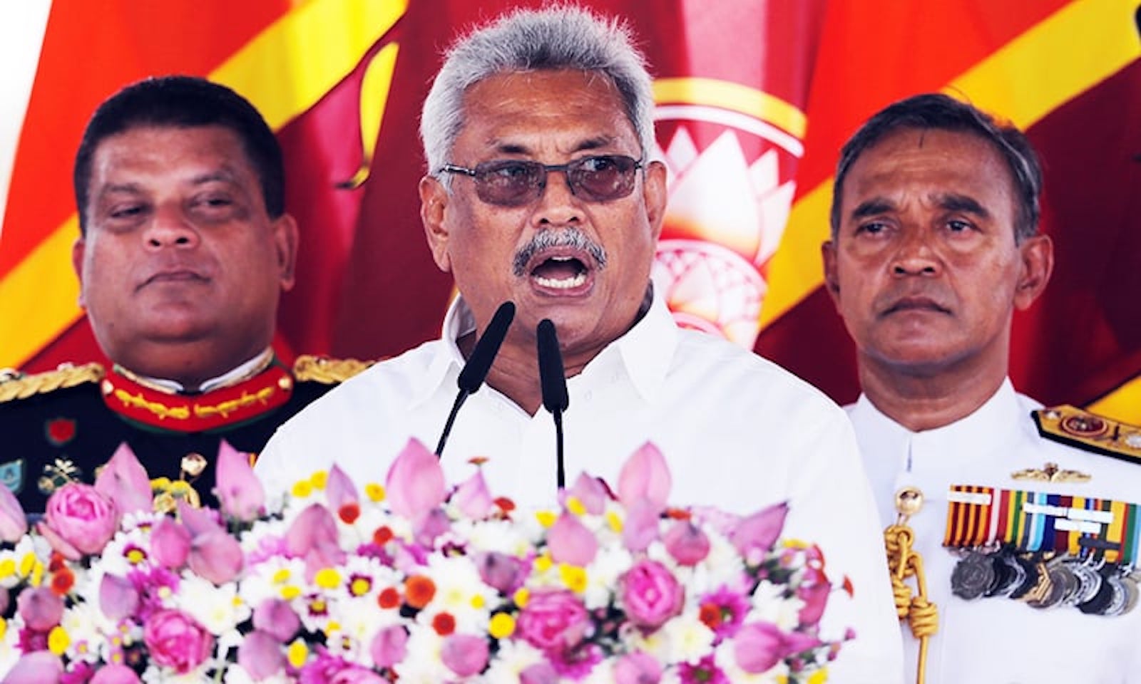 Sri Lanka's newly elected president Gotabaya Rajapaksa addresses the nation after his swearing in ceremony held at the 140 B.C Ruwanweli Seya Buddhist temple in ancient kingdom of Anuradhapura in northcentral Sri Lanka Monday, Nov. 18, 2019. The former defense official credited with ending a long civil war was Monday sworn in as Sri Lanka’s seventh president after comfortably winning last Saturday’s presidential election. (AP Photo/Eranga Jayawardena)